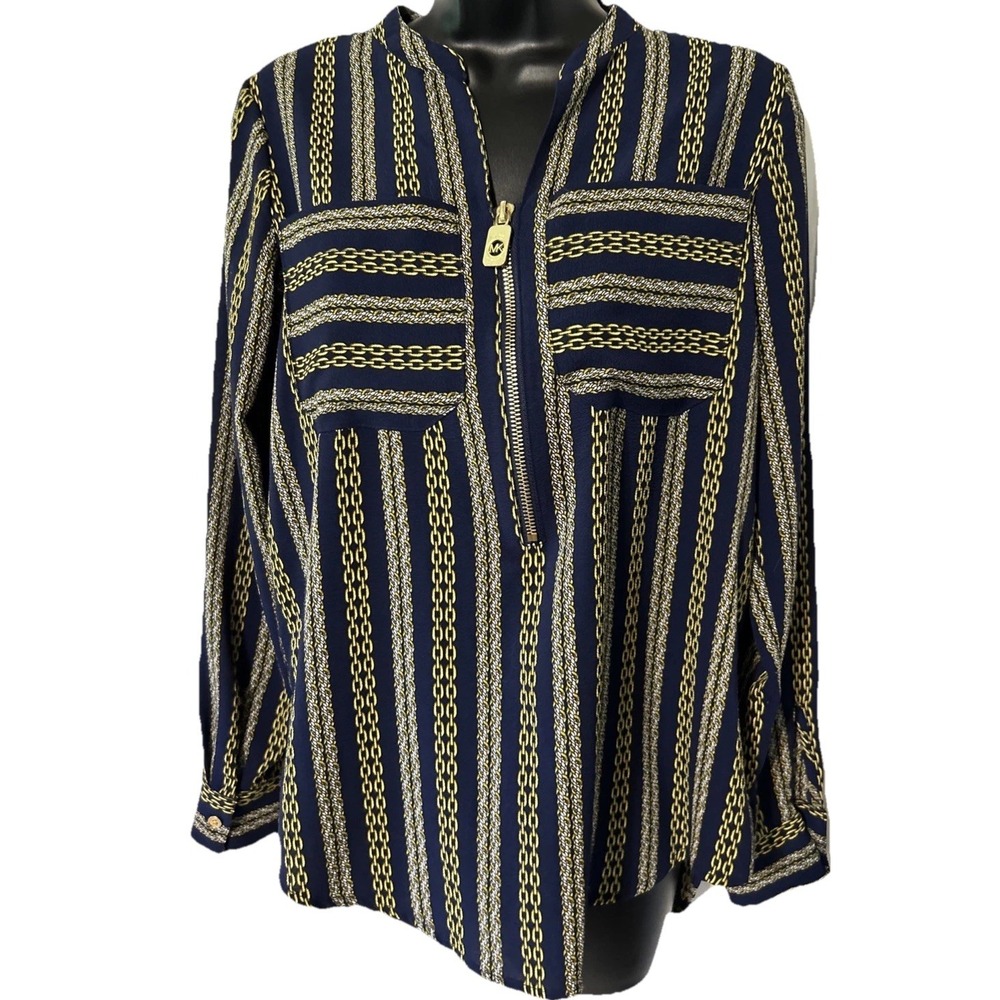 Michael Kors Womens Navy Blue Yellow Chain Print Zip Equestrian Blouse Small